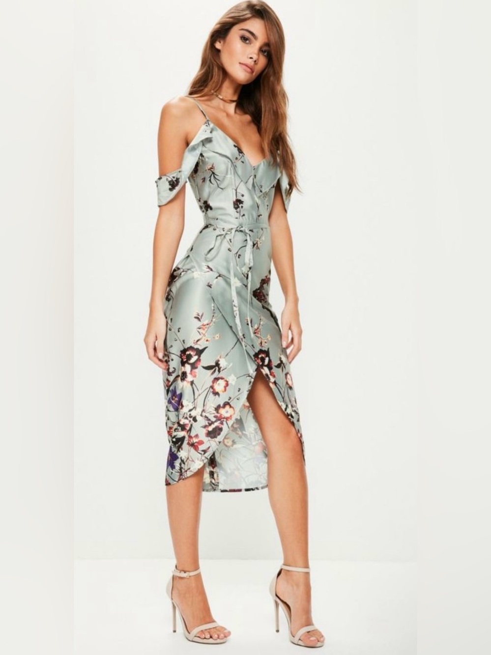 Missguided Sage Floral Cold-Shoulder silhouette Midi Dress